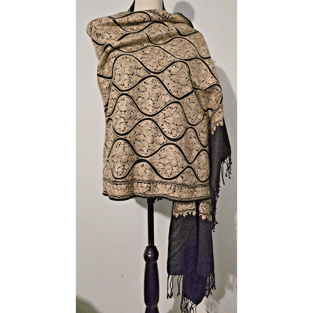 Kashmiri Embroidered Wool Shawl Wrap Stole Black Beige Embellished Women 28 x 80